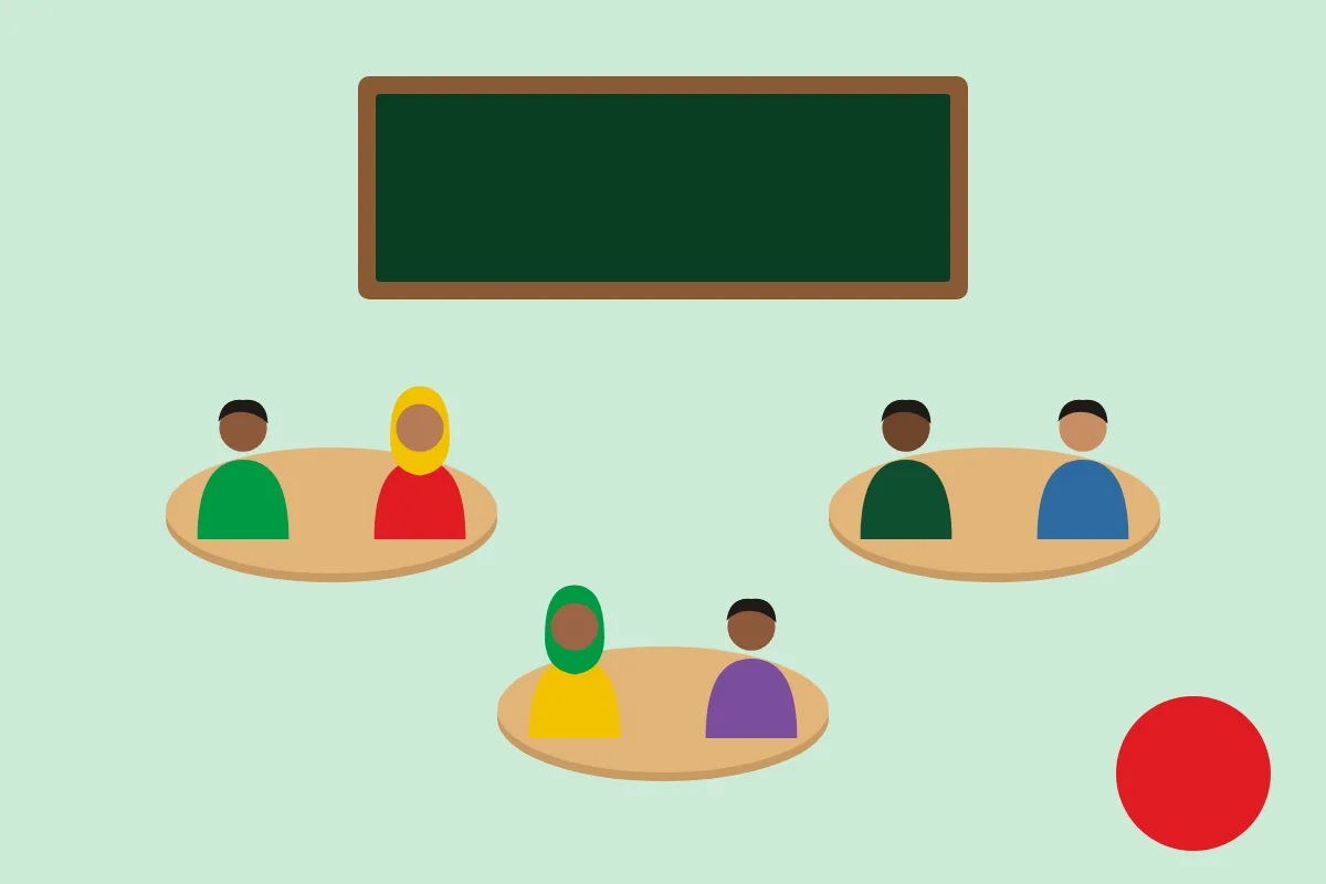 Ilustrasi ruang kelas dengan meja melingkar